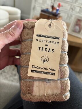 Souvenir of Texas Burlap Sachet with Tag - Beige : mini cotton bale.